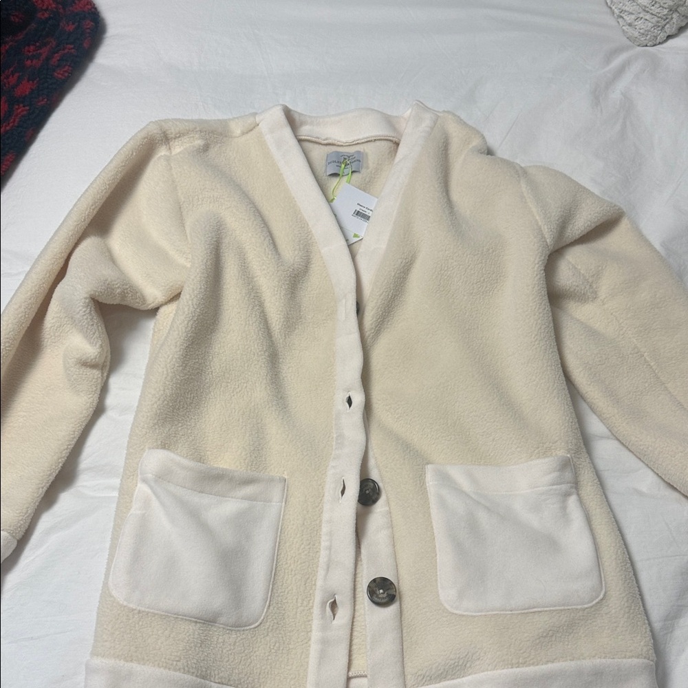 Dudley Stephens Cream Button-Up Cardigan Sherpa fleece with Pockets